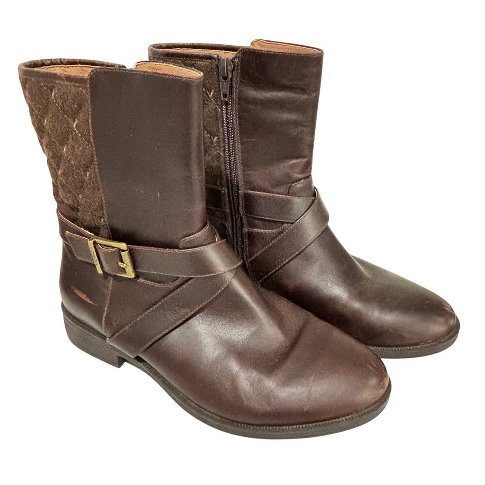 Vionic ankle boots brown leather quilted Moto brass trucker biker casual US 6.5M
